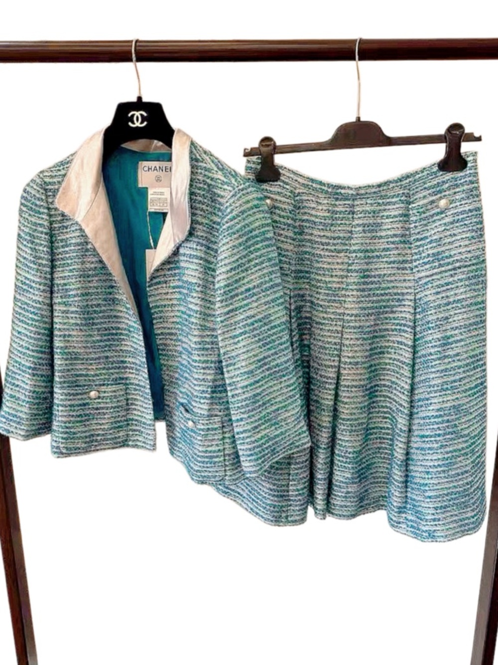 🚩steal authentic CHANEL Blue & Aqua Tweed Jacket and Skirt Set